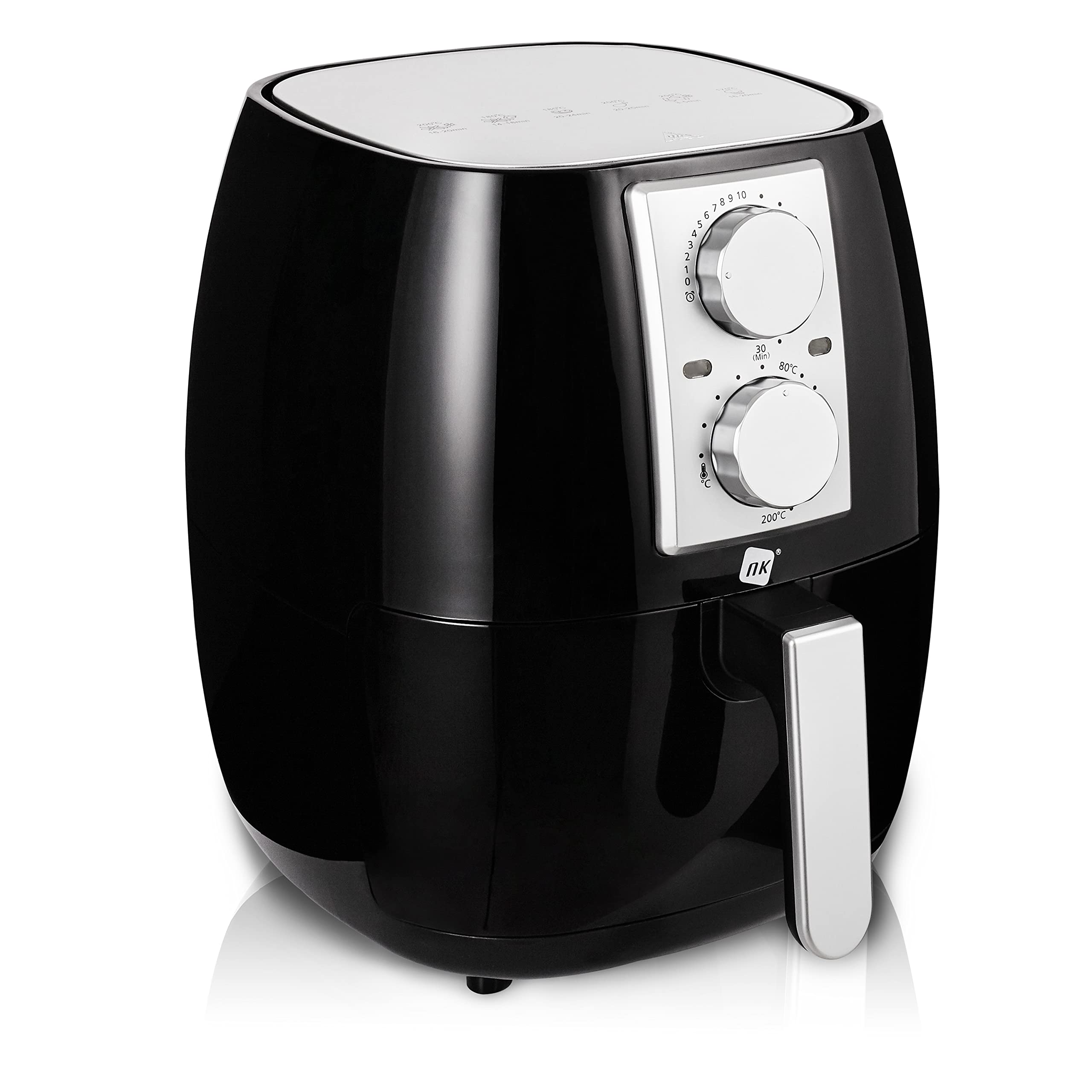 NK Freidora Mecánica sin Aceite 4,5L - Airfryer Caliente XL, Fácil de Usar, 6 Programas, 1500W, Temperatura Regulable hasta 200ºC (Libro de Recetas Digital ESP/EN) - Compatible con Lavavajillas