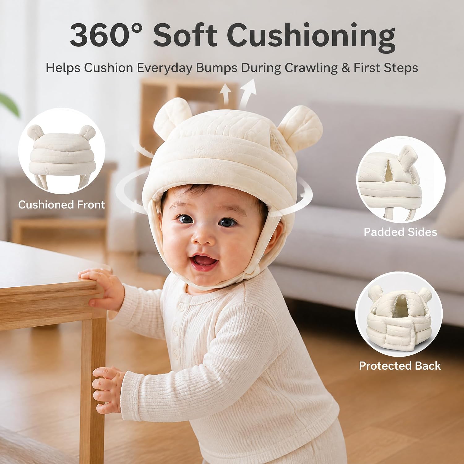 Baby Helmets 6-12-18 Months, Beige Baby Head Protector Helmet for Crawling Walking, Lightweight Breathable Padded Baby Helmet with Bunny Ears, Adjustable 17-20 Inch Head Circumference image 2