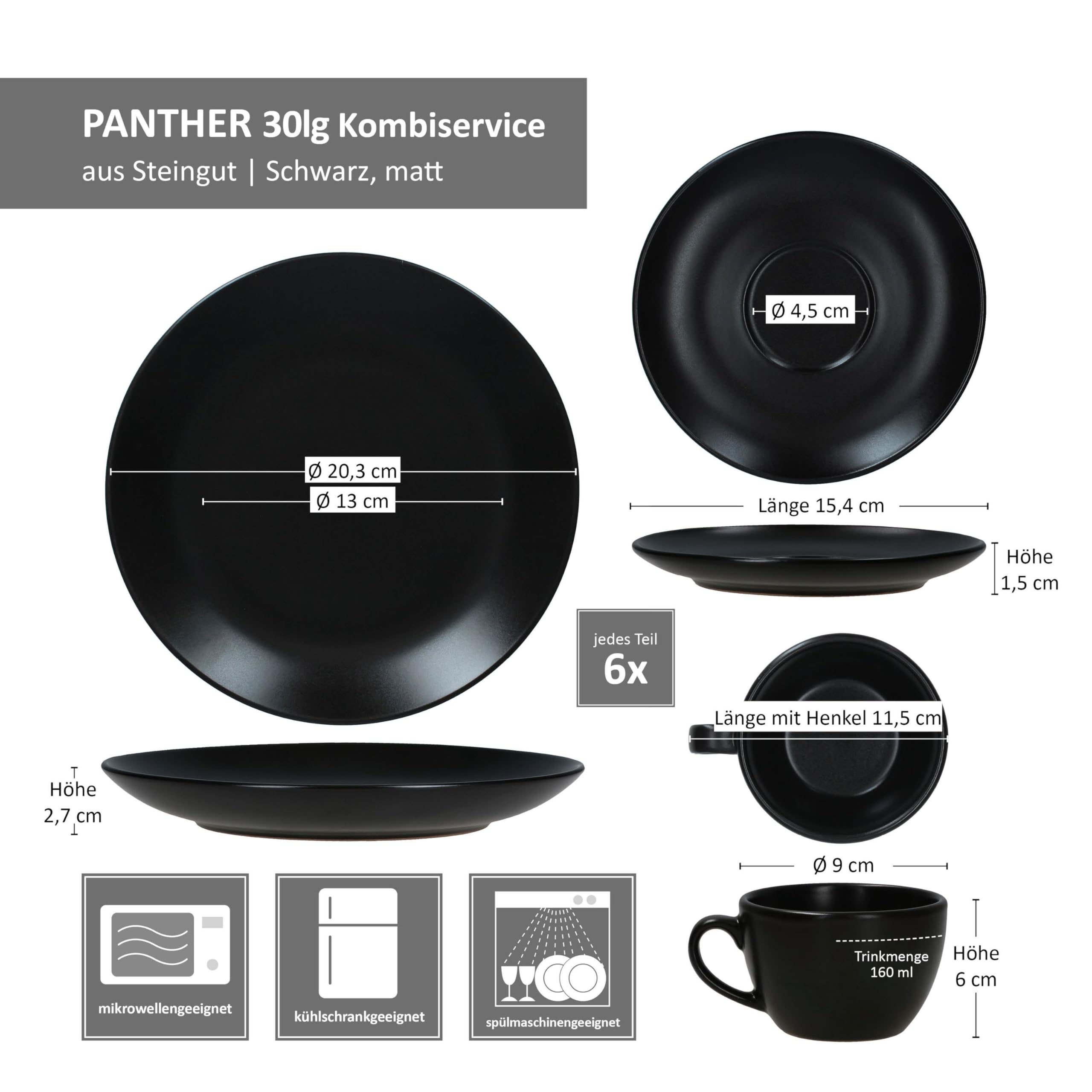 MamboCat Panther 30tlg Kombiservice I matt schwarzes Steingut-Geschirrset für 6 Personen I Je 6x Kaffeetassen 160ml, Untertassen, Kuchenteller, Suppenteller 420ml & Speiseteller