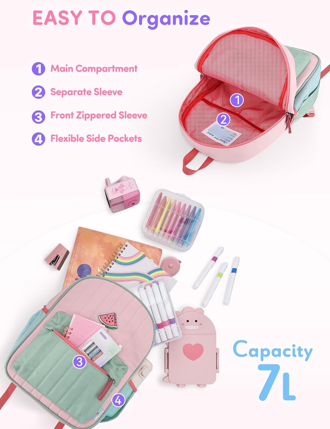 VASCHY Toddler Girls Backpack, Kids' Small Lightweight Quilted Color-blocked Bookbag School Backpack for Kindergarten Children Light Pink Green - Image 3