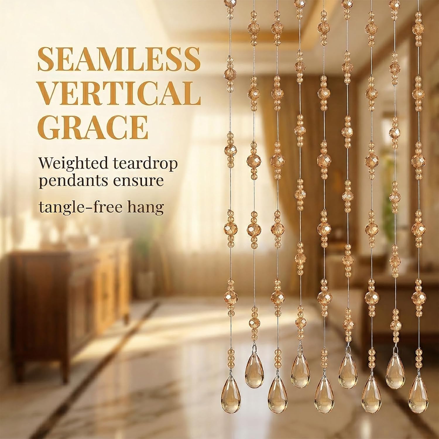 20 Strings Crystal Beaded Curtain, Arched Doorway Hanging Beads Curtain with Teardrop Pendants, Champagne Color Decorative Room Divider for Doorway, Living Room, Bedroom