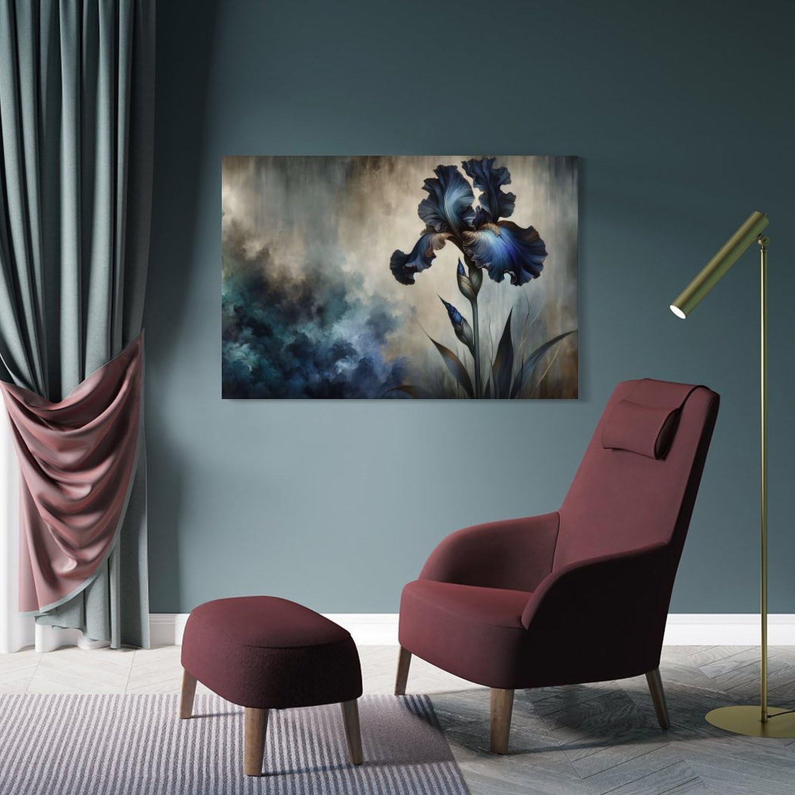 Junmoney Frame-Style-14-1 Canvas Wall Art Blue Iris Moody Elegance, 20X30inch(50X75cm), For Lounge, Study, Hallway Or Flat Walls, Canvas Wall Art That Fits Changing Layouts