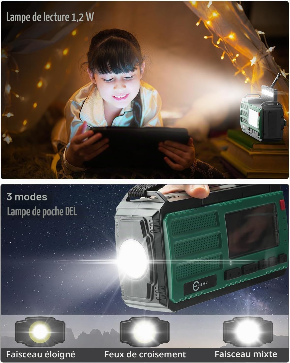 Esky 10000mAh Radio Portable d'urgence, AM/FM/NOAA Radio à Manivelle 3 Méthodes de Recharge Radio Solaire avec Boussole,Lampe de Poch,Lampe de Lecture,Alarme SOS pour Camping en Plein Air Randonnée