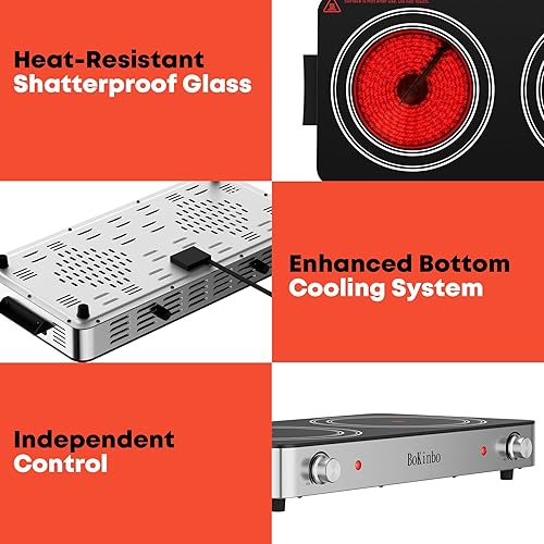Miniatura 6 de Placa de cocina eléctrica, quemador infrarrojo dual de 2200 vatios, placa eléctrica de 2 quemadores para cocinar, encimera de control de perilla y