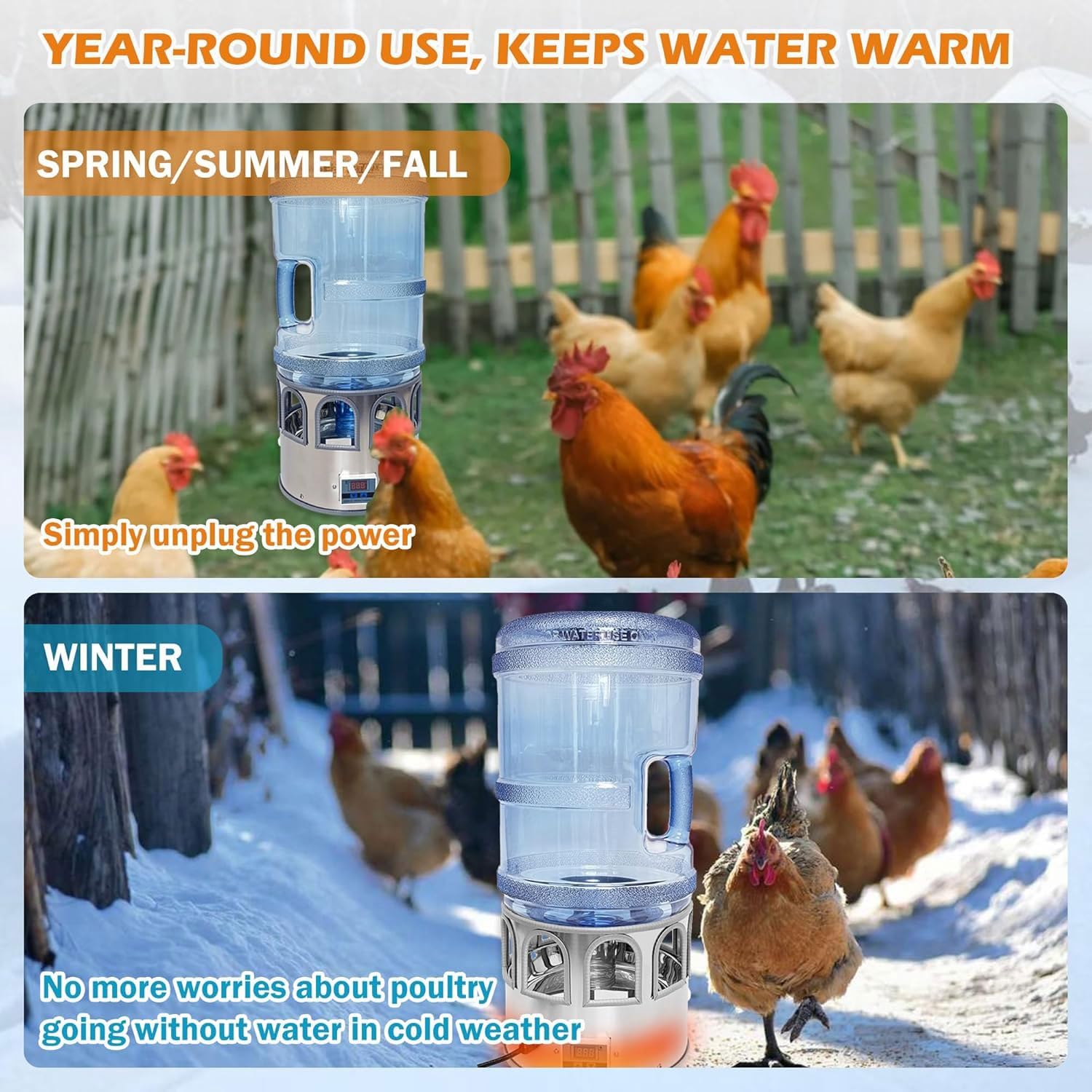 Calentadores de agua de pollo para aves de corral, bebedero de pollo calentado de 5 galones con 8 ventanas para beber y pantalla LED, temperatura ajustable de -0.0 °C a 50.0 °C, para pollos