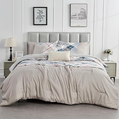 Miniatura 2 de ENJOHOS Bed in a Bag Queen - Juego de edredón de 7 piezas, color caqui, tamaño Queen con sábana, juego de ropa de cama de espiga a cuadros