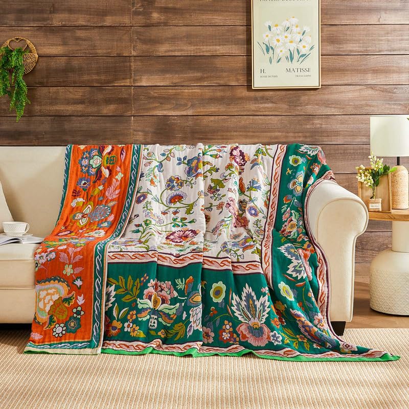 Image of Boho Throw Blanket Cotton Muslin Woven Flower Decorative Blankets 50 inchx60 inch