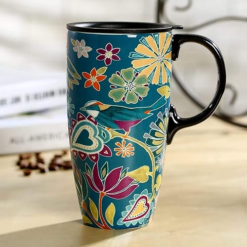 Miniatura 2 de Topadorn Taza de cerámica para café, taza de té de porcelana con tapa, 17 oz, sinfonía floral, pájaro verde