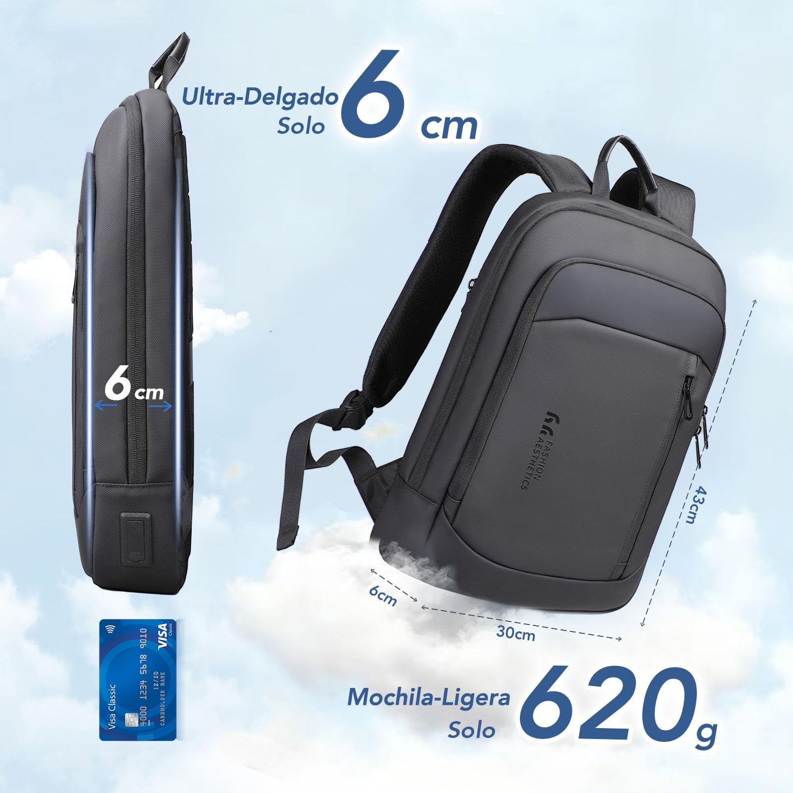 Mochila Ultra Delgada para Hombre y Mujer Mochila Portátil 15,6 Pulgadas | Ligera y Impermeable con Puerto USB A&C Mochila Antirrobo para Trabajo Oficina Viaje Negocio Diarios, Negro