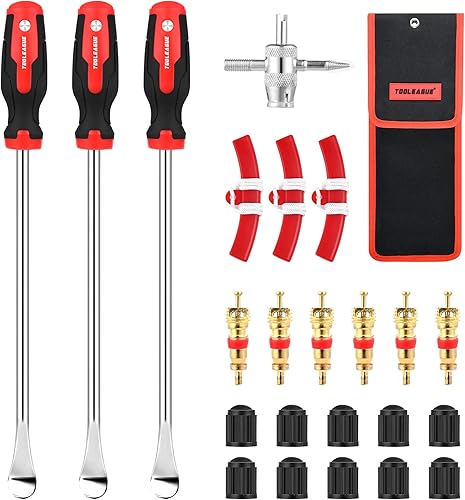 TOOLEAGUE 14.5" Steel Tire Spoon Set, Tire Changer Tool Kit for Motorcycle Dirt Bike Lawn Tractor Bicycle with Rim Protector, Valve Tool, Valve Cores and Caps
