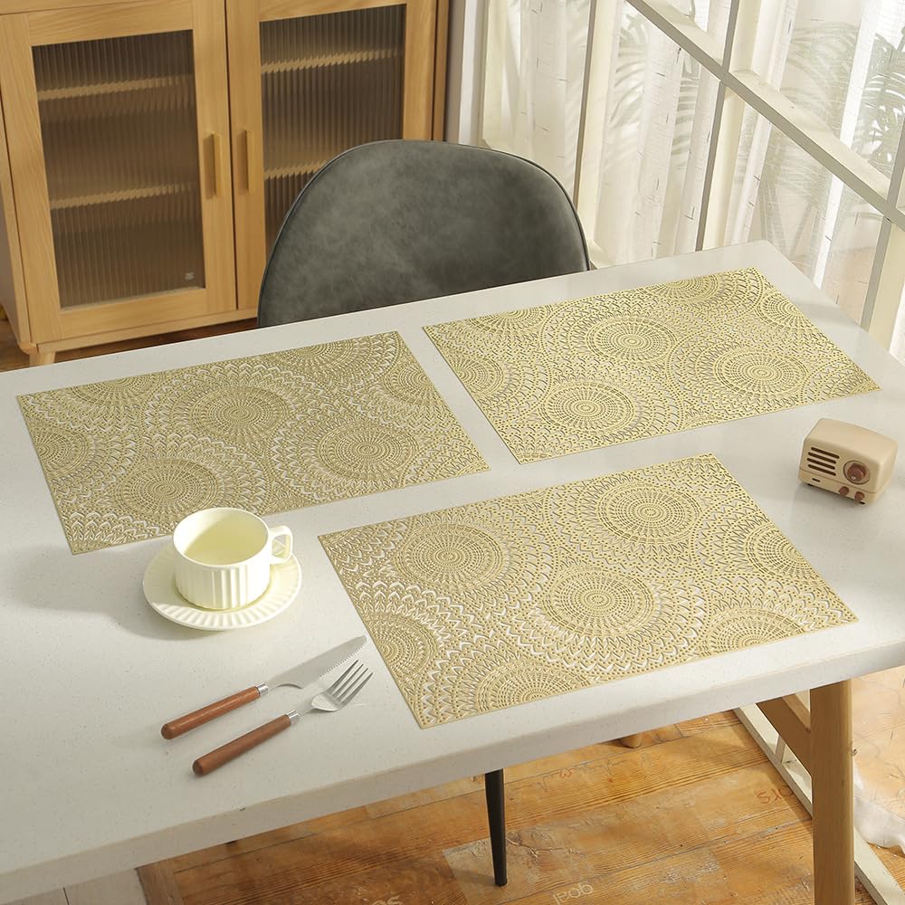 Hosoncovy Decorative Placemats Set of 4,Bohemia Placemats Hollow Dining Table Place Mats Heat Resistant Non-slip Dining Placemats Reusable Table Mats for Home Kitchen (Gold) - Image 3