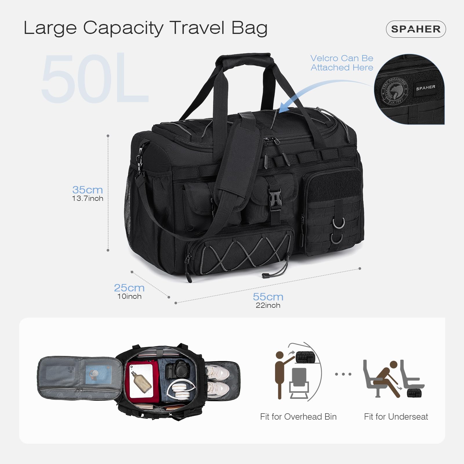 SPAHER 3 in 1 Borsone Palestra Viaggio 55x35x25 Zaino Tattico 50L, Nero | Scomparto Scarpe e Tasca Umida, Oxford Impermeabile, Tracolla Imbottita Rimovibile, per Sport, Escursionismo, Viaggi, Nuoto