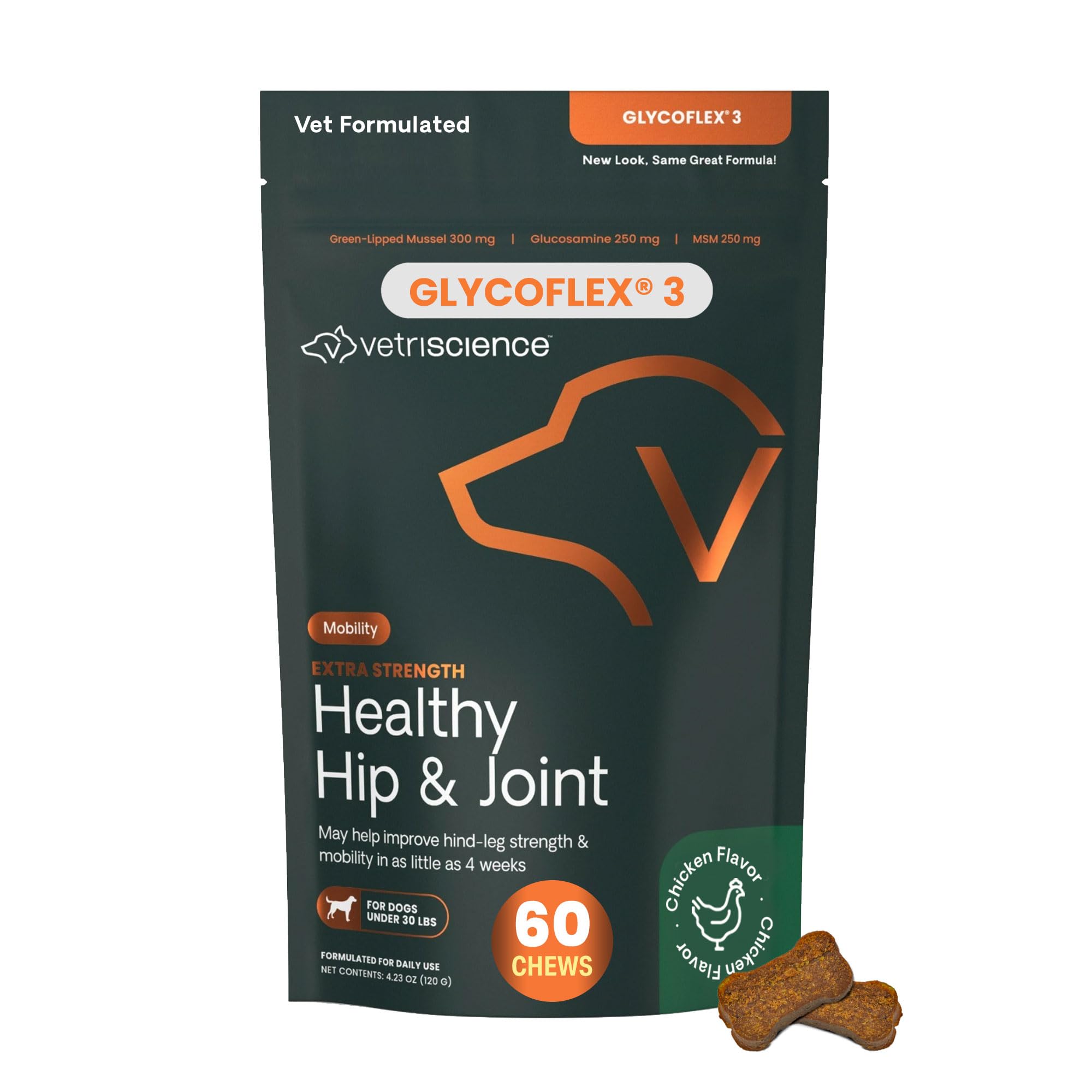 VETRISCIENCEExtra Strength Healthy Hip & Joint Chews, GlycoFlex Glucosamine and Green-Lipped Mussel Joint Support Supplement for Small Breed Dogs, Soothe Joint Discomfort, Chicken, 60 Count