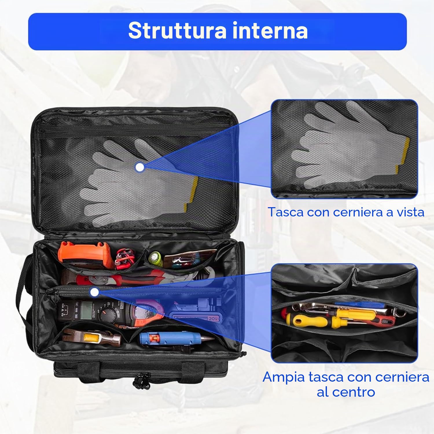 Borsa porta Attrezzi da Lavoro,Borsa Elettricista per Uomo, Multifunzionale Organizer per attrezzi elettricista, con fondo antiscivolo e spesso imbottito per meccanici ed elettrici