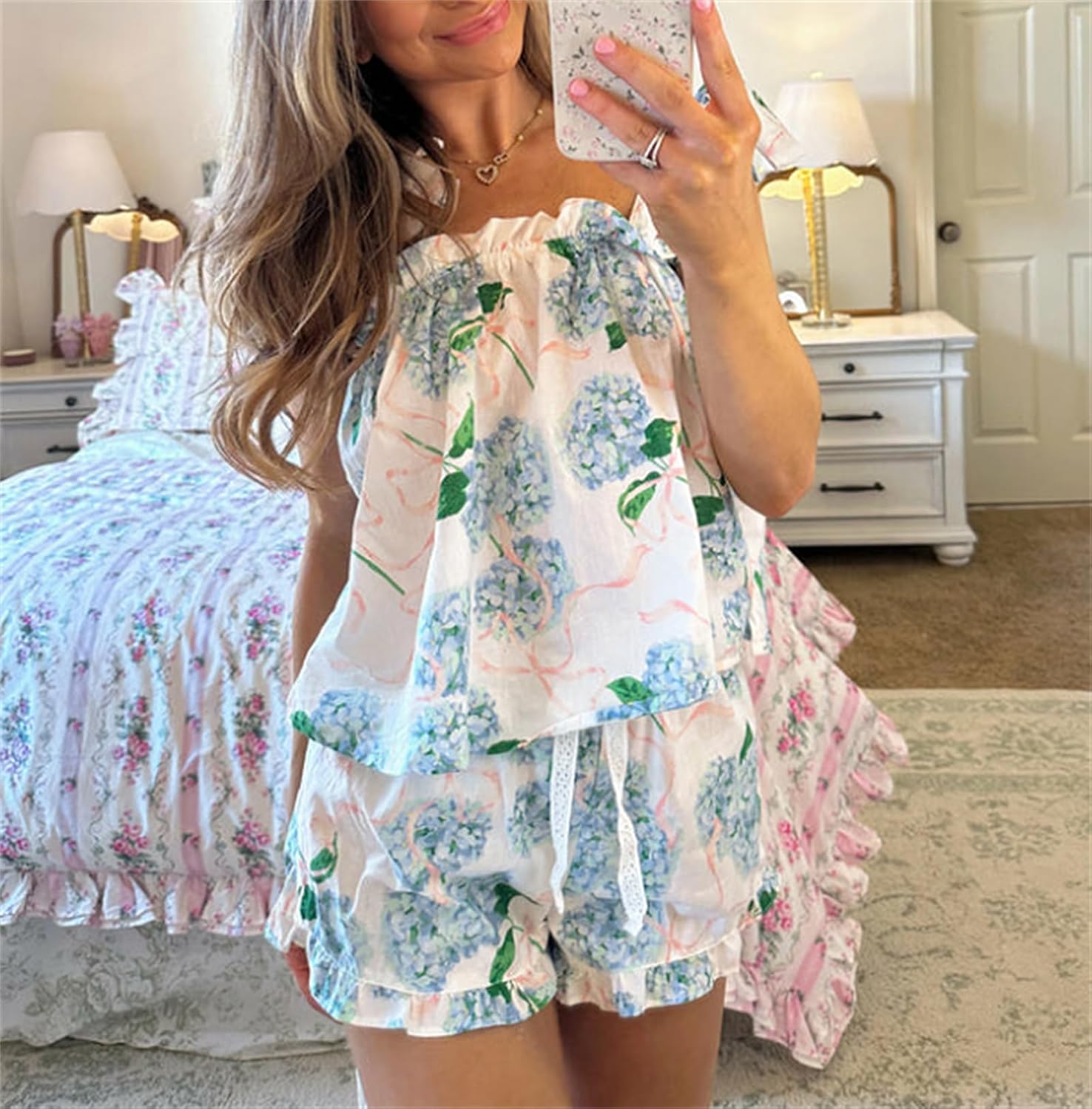 Yuemengxuan Women Floral Tie Shoulder Pajamas Set 2 Piece Casual Outfits Sleeveless Tie up Flower Tops Shorts Cute Beach Set - Image 3