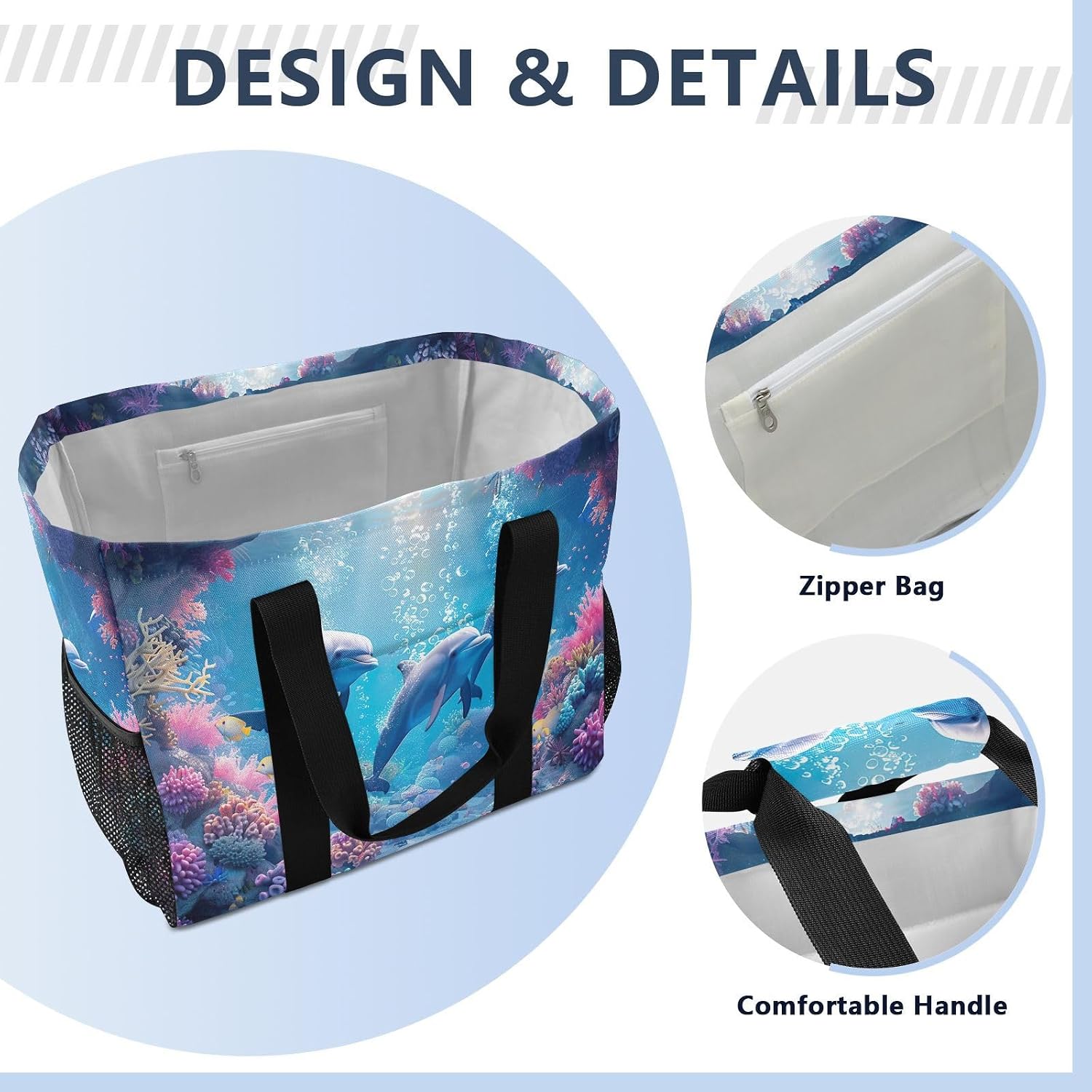 Ocean Dolphins Large Beach Bag Waterproof Beach Tote Bags for Women Travel Gym Pool