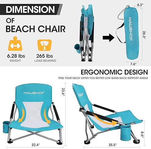 Miniatura 2 de HAUSHOF Silla de playa baja, silla plegable con respaldo de malla, sillas de camping ligeras de asiento bajo con soporte para tazas, bolsa de