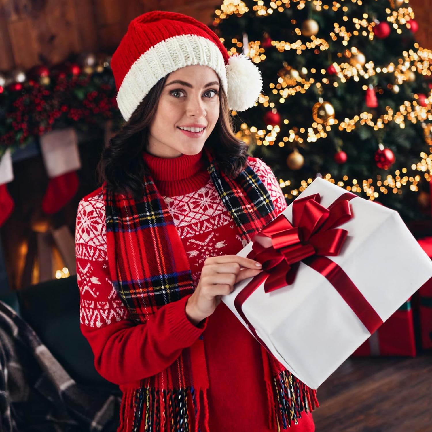 Coume Christmas Santa Hat and Scarf Set, Long Warm Winter Plaid Scarves, Knit Christmas Beanie Hat with Pompom for Women Men - Image 5