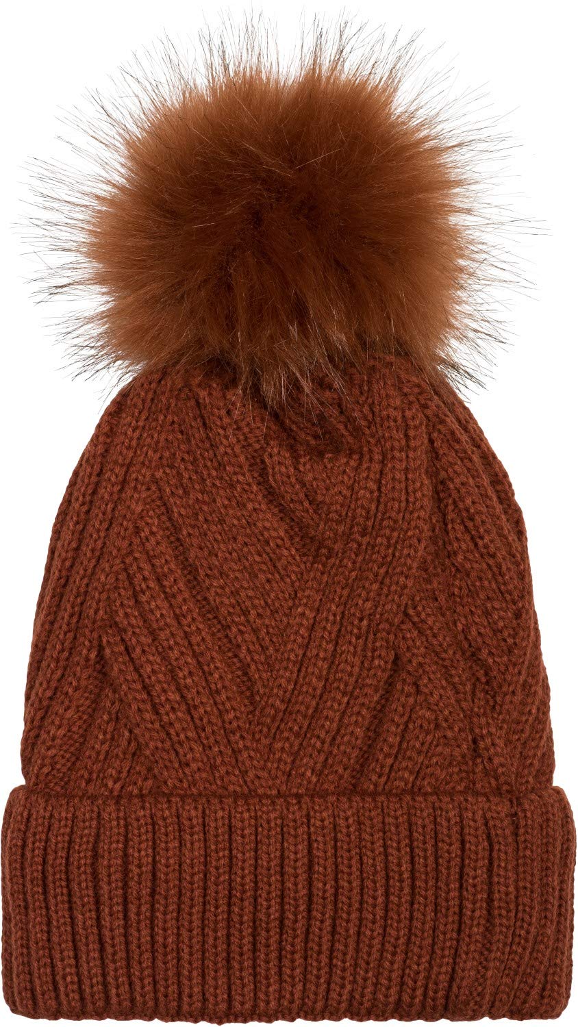 Stylebreaker Women's Cognac Knit Pompom Hat With Diagonal Ribbed Knit Pattern And Fleece Lining, Winter Fur Bobble Hat 04024167, Colour: