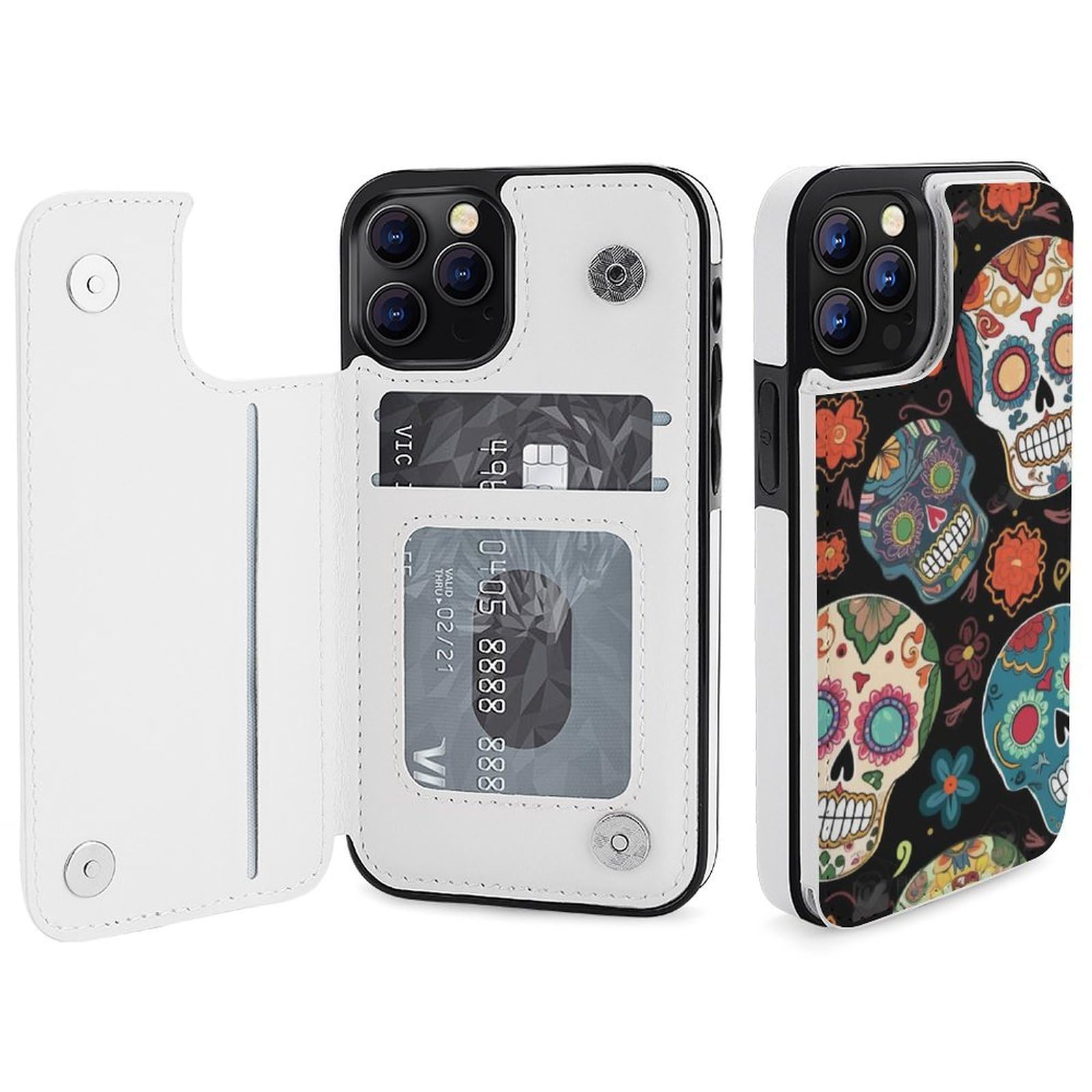 Fundas tipo cartera para iPhone 12 Pro, diseño de calaveras de azúcar, funda de piel con ranuras para tarjetas