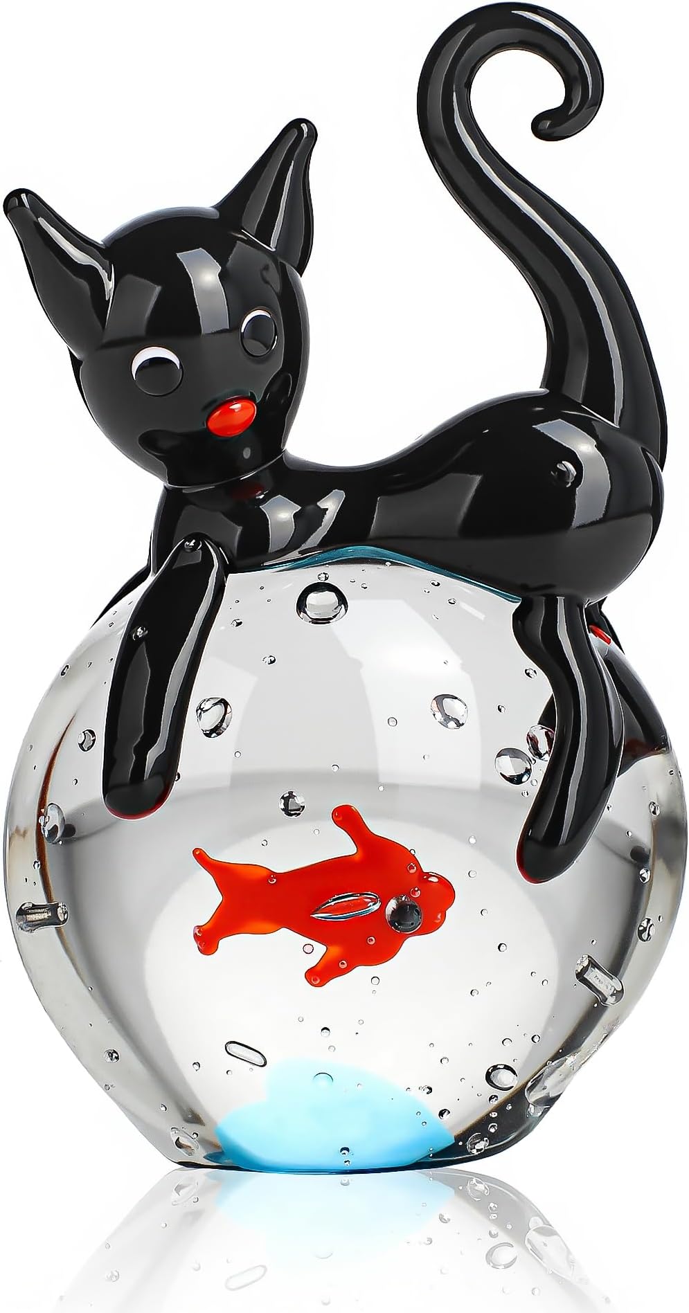 QFkris Blown Glass Black Cat Figurine, 1.6“ Mini Glass Animals Sculpture, Cat and Fish Art Collectible Figurines for Home Decor, Gift for Mom Cat-Lover Birthday