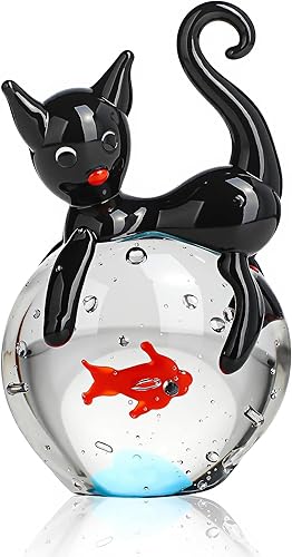 QFkris Figura de gato negro de vidrio soplado, mini escultura de animales de cristal, figuras coleccionables de arte de gatos y peces para