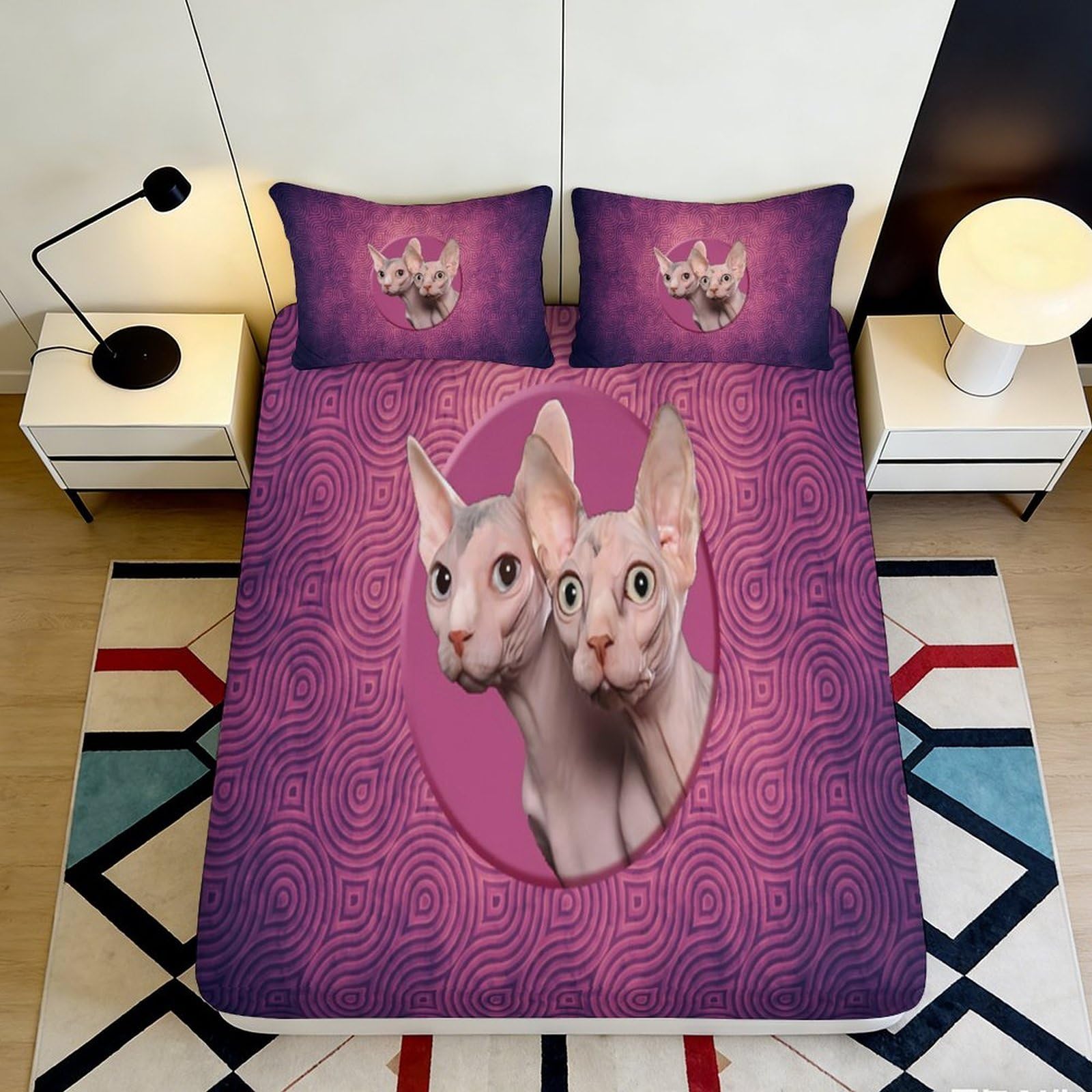 3D Printed Sphynx Cat Fitted Sheet Microfiber Soft Durable Purple Bed Cover for Bedroom Dormitory Guest Room Mattress Protection Decor 160x200x25cm