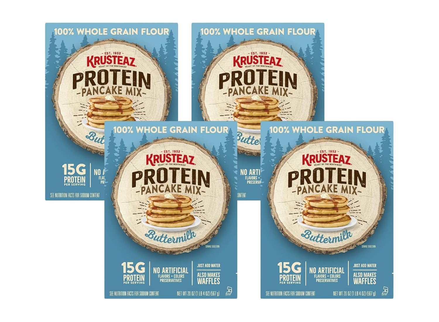 Krusteaz Protein Pancake Mix, Buttermilk Pancake Mix, 100% Whole Grain Flour & 15g of Protein Per Serving, Also Makes Waffles, Just Add Water 20 ounce (Pack of 4)