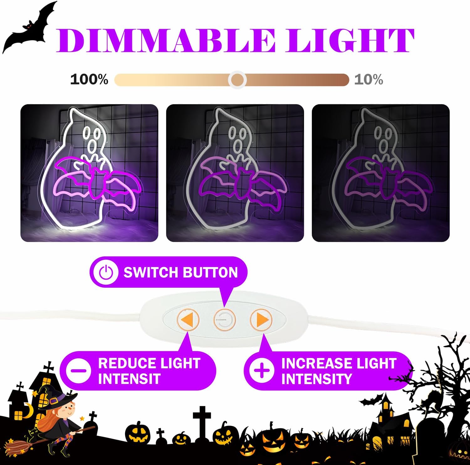 Halloween Neon Sign Dimmable Flying Neon Bat Sign for Wall Decor Halloween Ghost Window Light Up Sign Led Bats Party Decoration for Bedroom, Kids Room, Indoor Decor