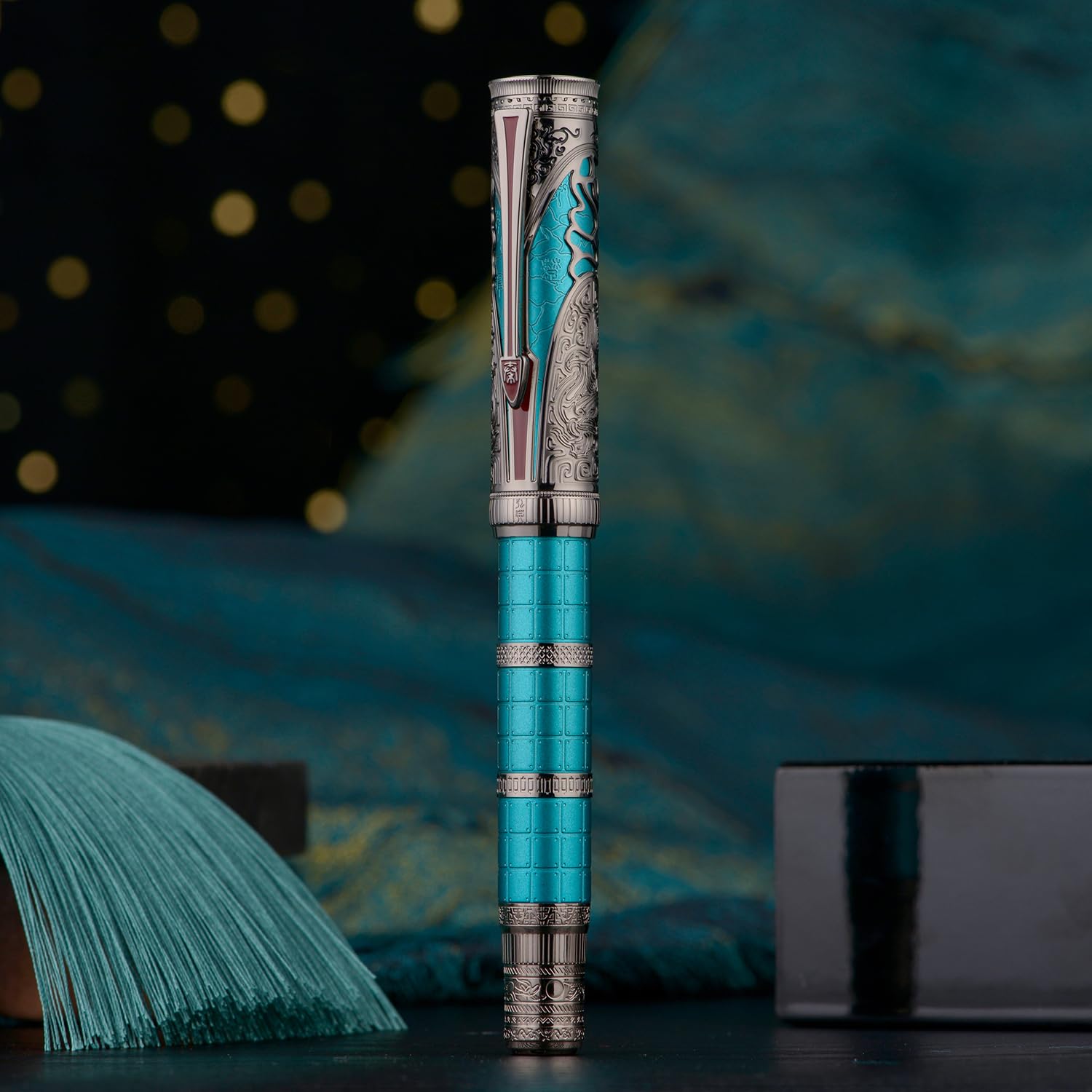 Hongdian D5X Fountain Pen Turquoise Extra Fine Nib, Qin Dynasty Retro Chinese Totem Engraving Smooth Writing Pen with Converter and Pen Box Set - Image 3