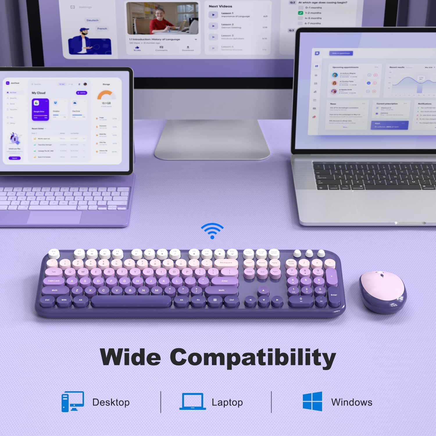 MOFII Wireless Keyboard and Mouse Combo, Full Size 2.4G Retro Round Computer Keyboard and Mouse Set, Plug and Play, for Windows, Computer, Desktop, PC, Notebook - (Purple Gradient)