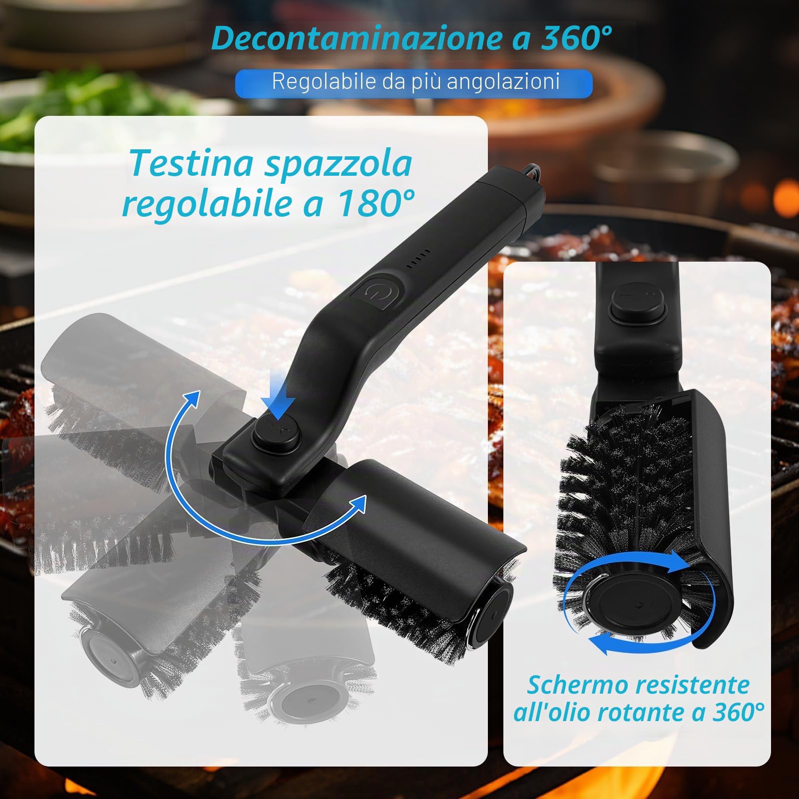 Spazzola Elettrica per Barbecue, Spazzola Ricaricabile per la Pulizia Del Griglia Senza Fili con 3 Velocità e 2 Testine, 180° Regolabile Setole Acciaio Inox Strumento di Pulizia per BBQ Griglia