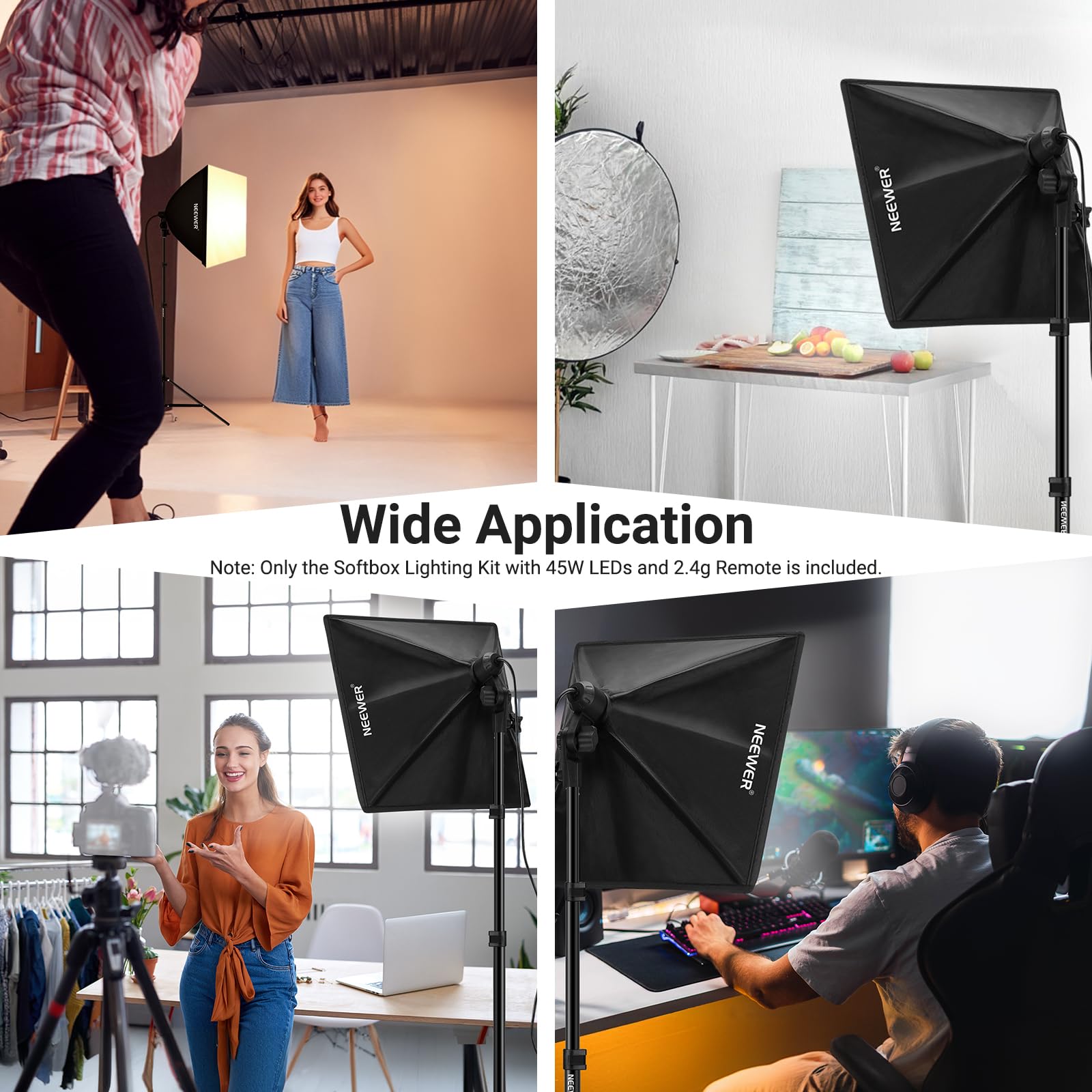 NEEWER Kit di illuminazione Softbox equivalente da 61 x 61 cm, 450 W, con supporto per treppiede, lampadina LED bicolore da 45 W 2,4 G, telecomando, 10 canali 2900K-7000K 1400lx/1 m CRI95 Studio