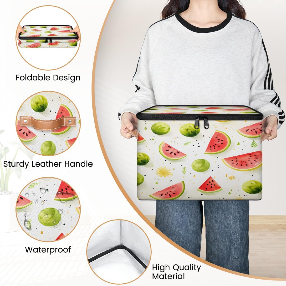 Storage Bin Set of 2 Summer Watermelon Storage Basket with Zipper Lid & Handle Foldable Closet Shelf 2 Pack Cloth Organizer Basket Cube Bins Clothes Organizer for Nursery, Bedroom