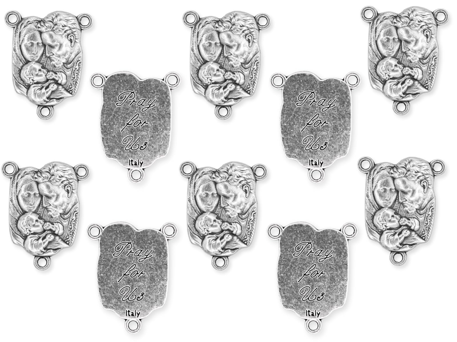 Caritas et Fides Gifts Catholic Inc. Pack of 10 - Holy Family Centerpieces for Rosary - 1" Silver Oxidized Bulk Rosary Making Supplies - Made in Italy
