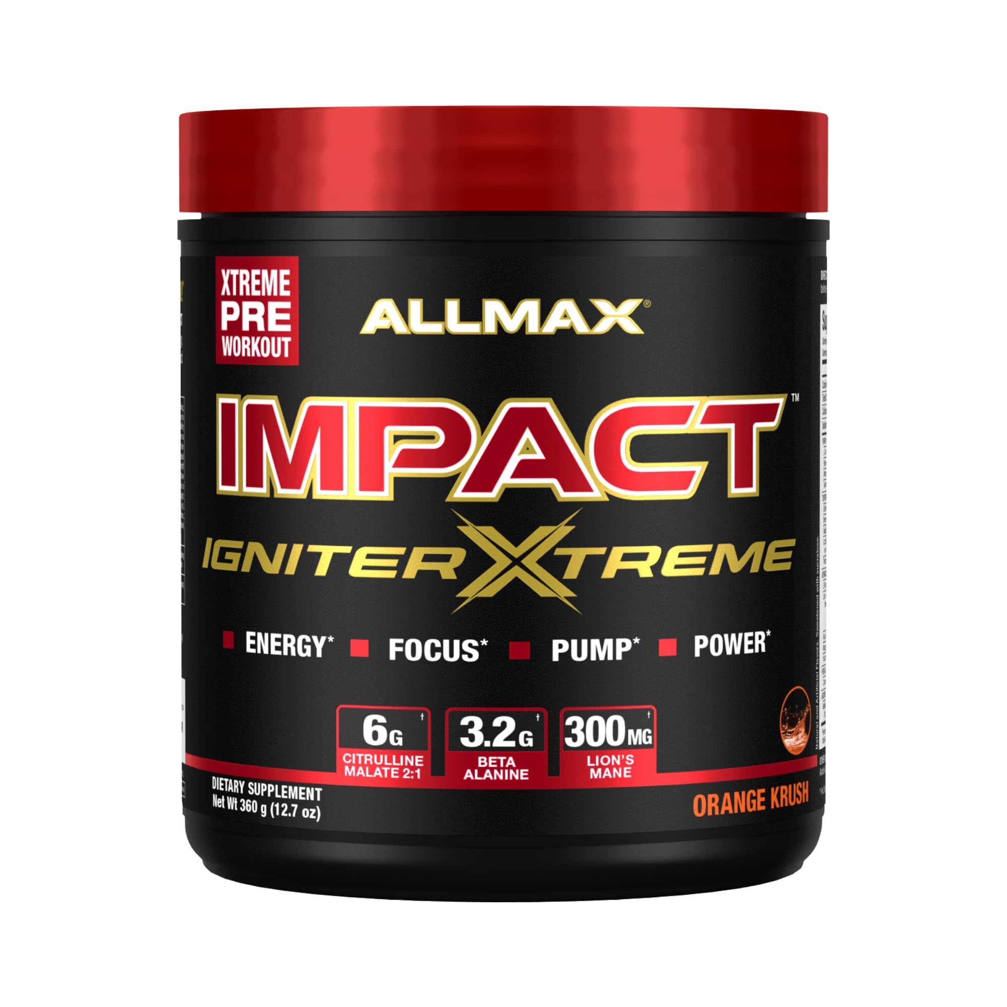 ALLMAX Impact IGNITER Xtreme, Orange Crush - 360 g - Pre-Workout Formula - Improves Energy, Focus, Pumps & Power - with Citrulline Malate & Beta Alanine - Up to 40 Servings