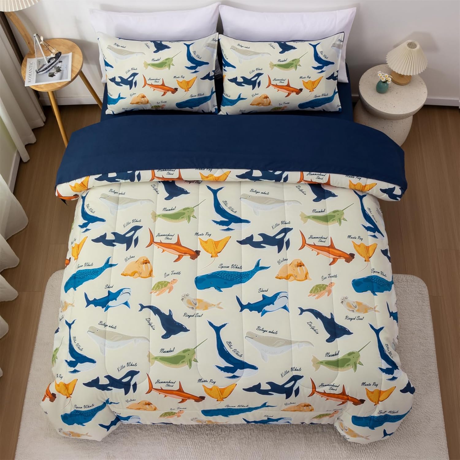 Aimuan Dolphins Comforter Set Kids Animals Bedding Set Super Soft & Cute Fish Printed for Boys Girls Teen (Cream, Twin 5Pcs)