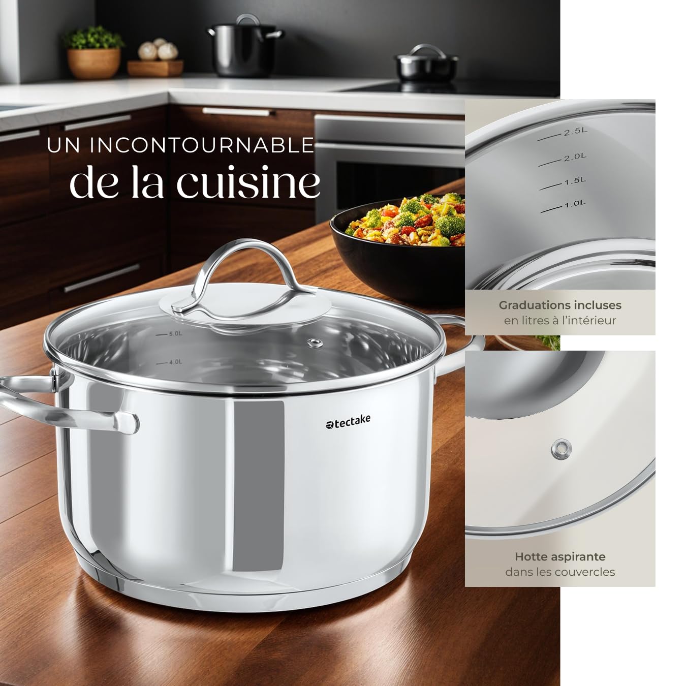 tectake® Set de 5 Casseroles et 4 Couvercle en verre, Batterie de cuisine Casserole inox, 1 Casserole à manche, 4 Casseroles à poignées, Compatible induction, gaz, électrique, vitrocéramique, Cuisine