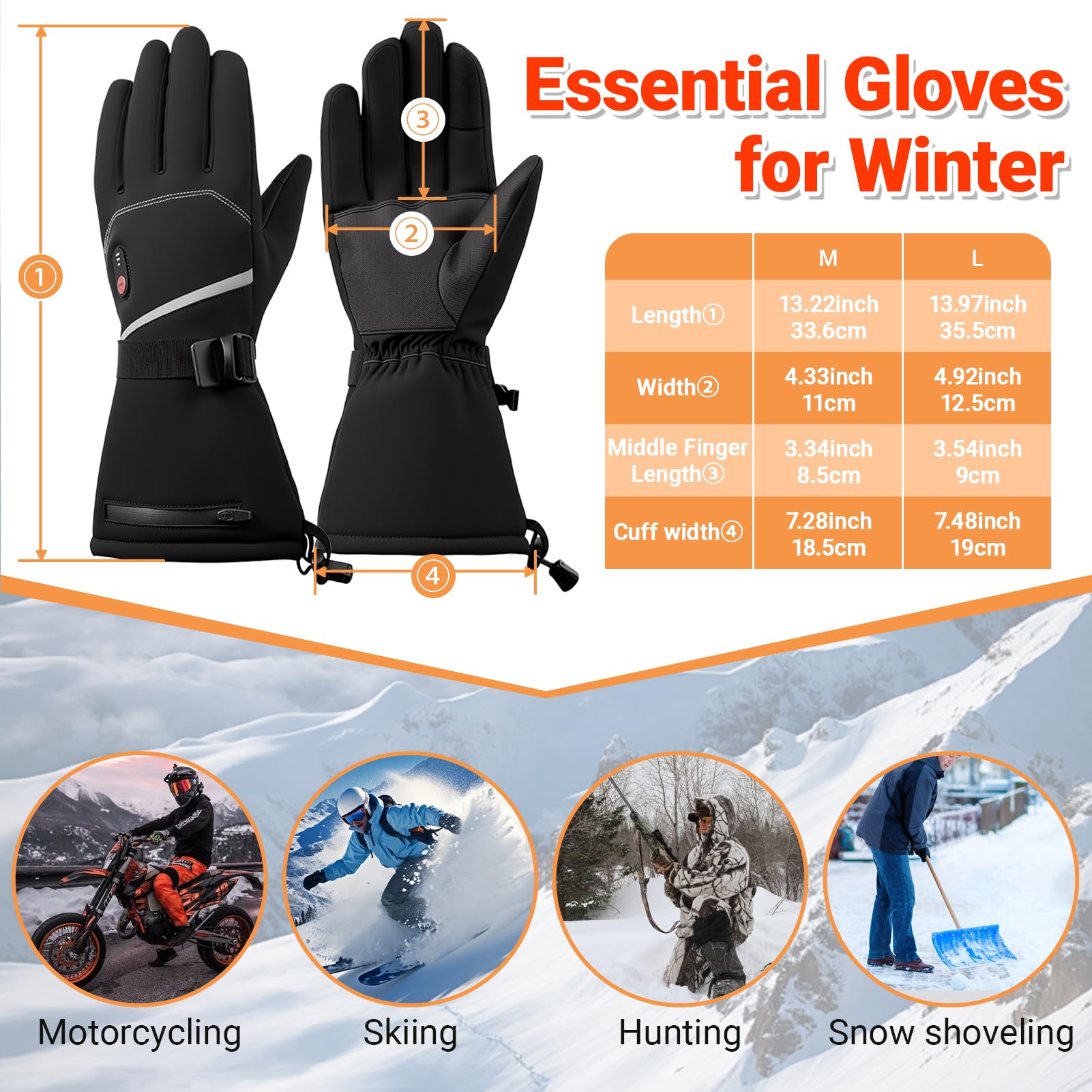 Gants Chauffants 7,4V à Chauffage Rapide pour Hommes et Femmes, 20000mAh Gants Chauffants Rechargeables, 3 Températures, Écran Tactile, Étanches, Antidérapants, Adaptés à l'hiver