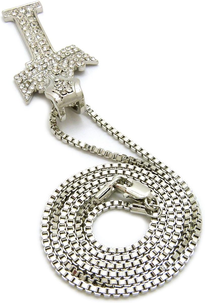 Fashion 21 Iced Out King Crown Alphabet Initial Pendant 2mm 24" Box Chain Necklace in Gold, Silver Tone (I - Silver)