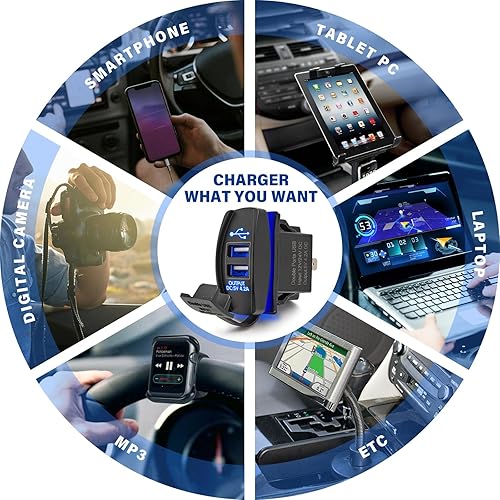 Miniatura 7 de Anina Interruptor basculante de 4.2 A, cargador USB dual con luz LED azul, puerto USB impermeable con fusible de 10 A para interruptor de palanca