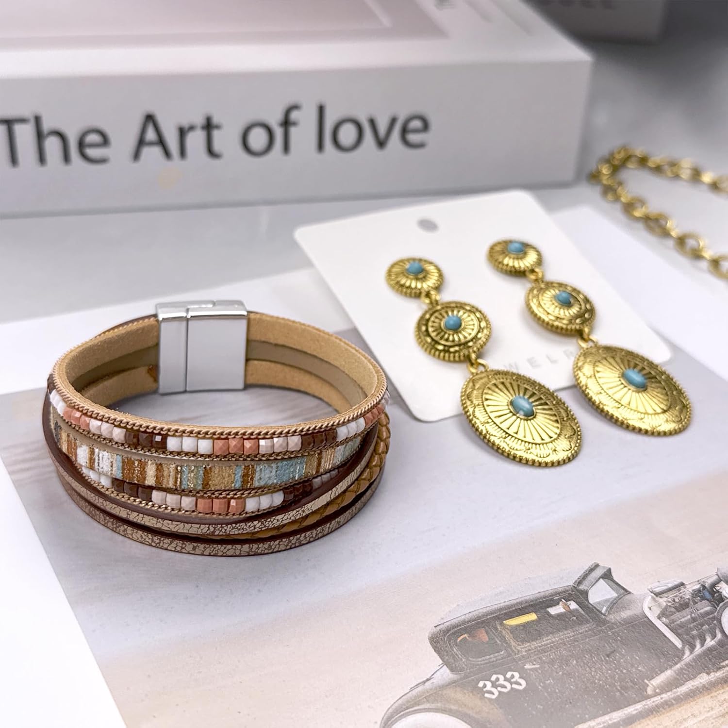 Western Accessories Cowgirl Jewelry Set Western Metal Concho Belt Earrings Boho Faux Leather Leopard Multi-Layer Crystal Bracelets Layered Necklaces Vintage Country Concert Jewelry Gifts - Image 6