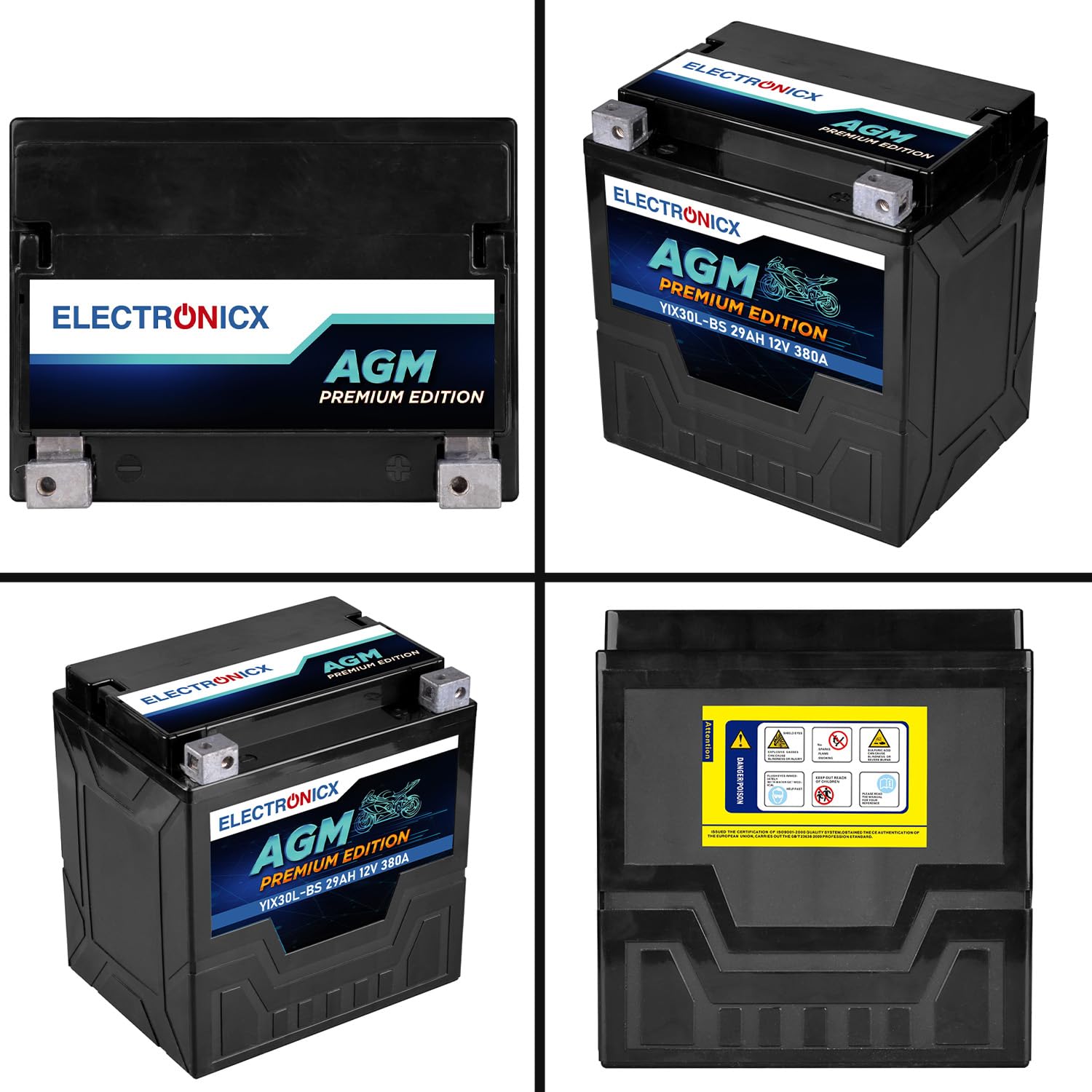 Electronicx YIX30L-BS AGM Batteria Moto 12V 30Ah – Avviamento 380A CCA, sigillata, senza manutenzione, compatta, resistente alle vibrazioni – per moto, quad, ATV, trattorini, motoslitte e touring