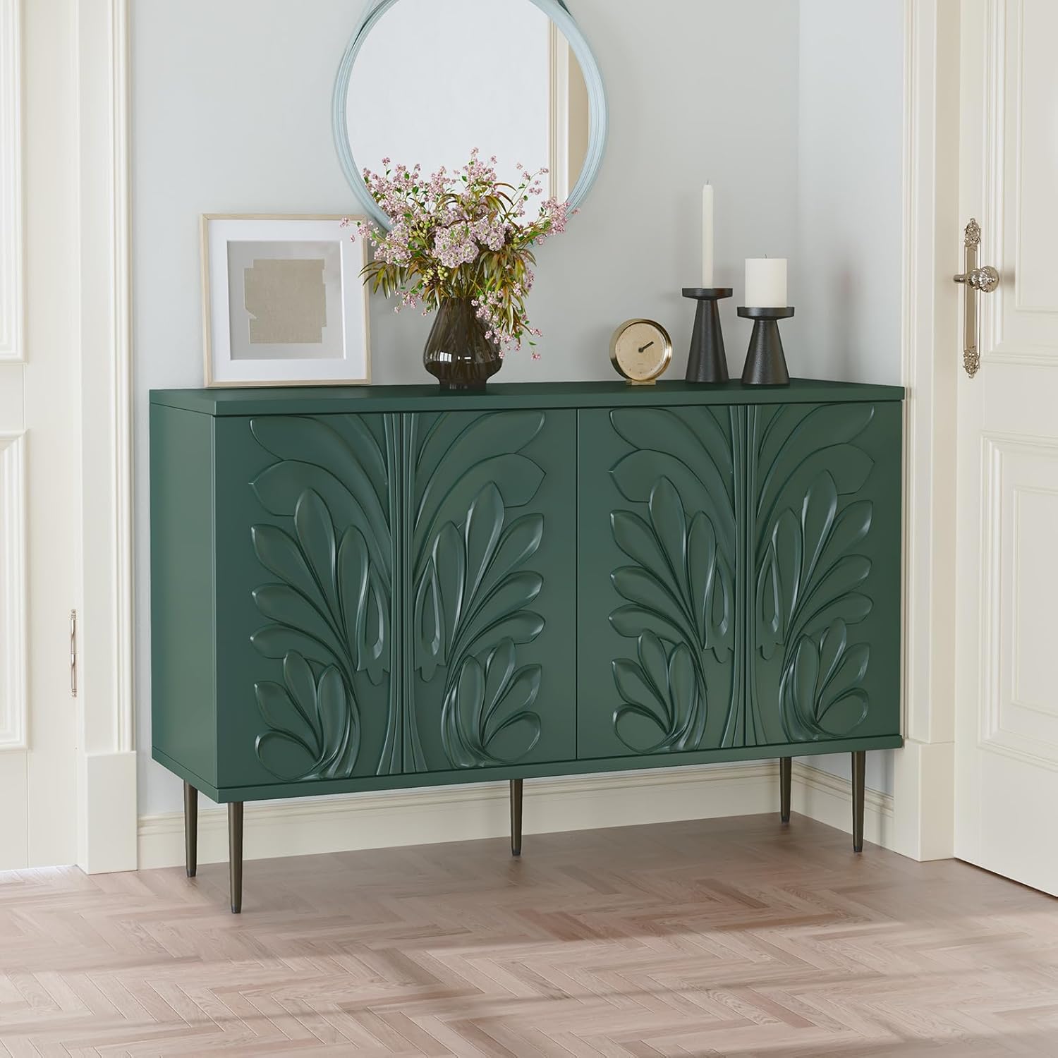 Sideboard Buffet Cabinet with 3D Flower Pattern, Accent Cabinet with 4 Doors & Adjustable Shelves, Wood Decorative Credenza with Storage for Living Room, Kitchen, Dining Room, Entryway, Green