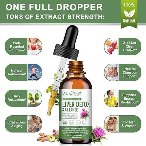 Miniatura 5 de Paquete de 2 gotas líquidas para la salud del hígado, ayudan a limpiar el hígado, desintoxicación y reparación con extracto de silimarina de cardo
