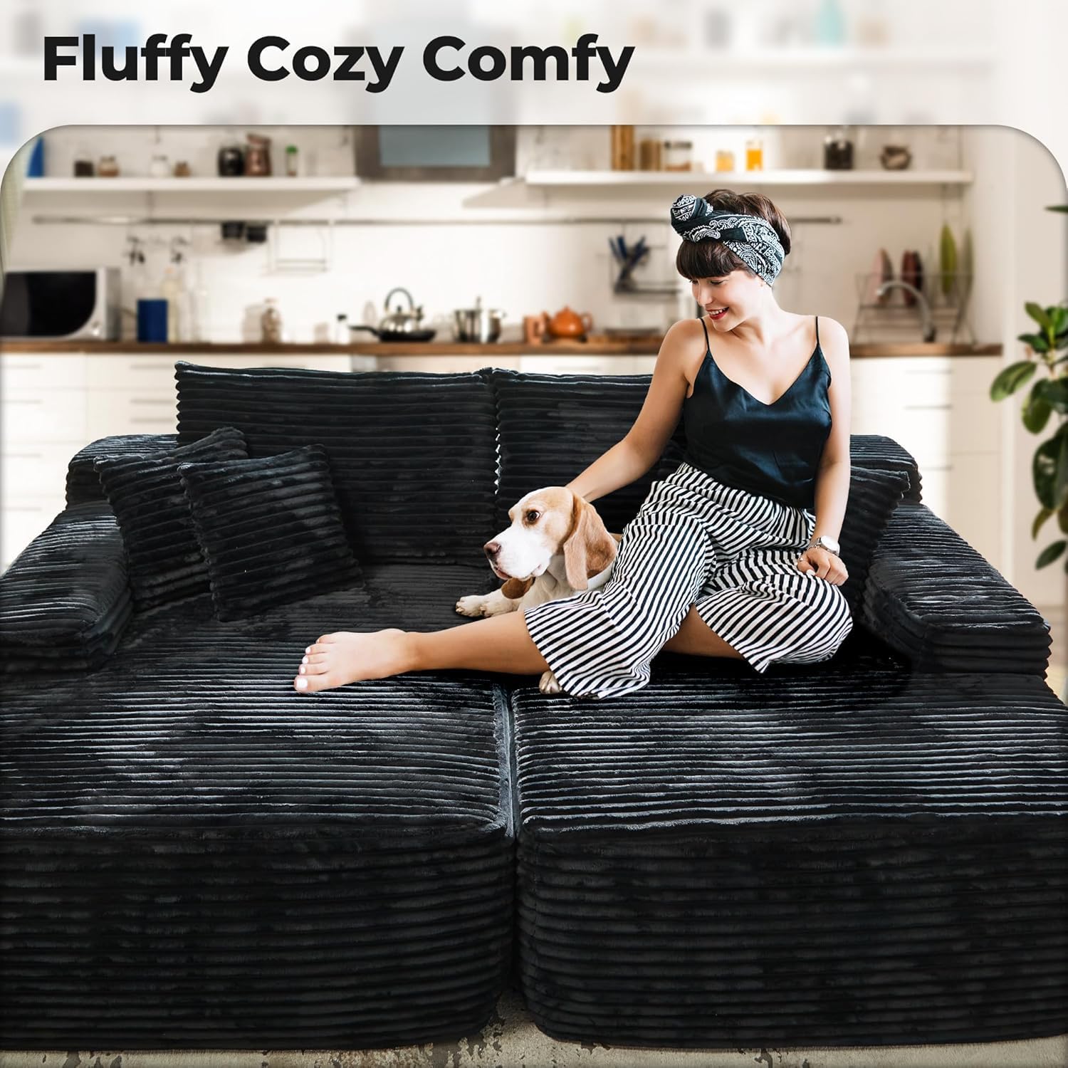 Oversized Chaise Lounge Sofa Indoor - Luxury 80" Cloud Sectional Couch Sofa Bed, Deep Seat Plush Corduroy Lounge Chair Sleeper Sofa for Living Room Bedroom (Black,2PCS)