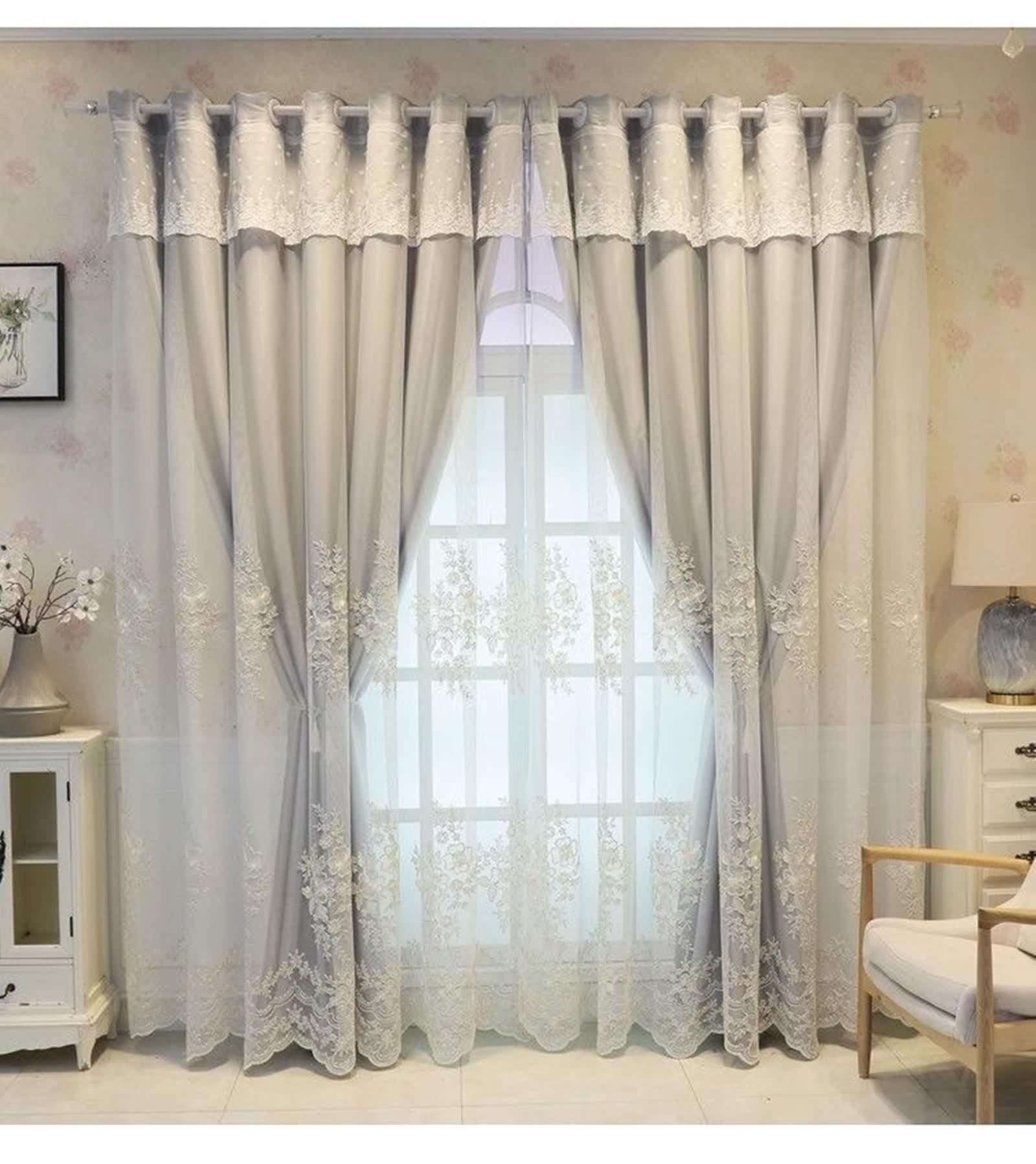 Rideau Chambre Gris, Occultant Rideau Salon Moderne Polyester Coton Broderie en Dentelle Double Couche Lot de 2 LxH 102x244cm