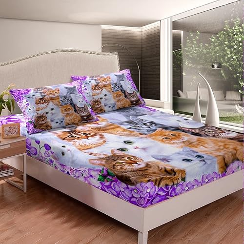 Miniatura 3 de Juego de sábanas de gatos divertidos para mascotas, para niños, niñas, amantes de los gatos, floral, morado, juego de cama con 1 funda de almohada,