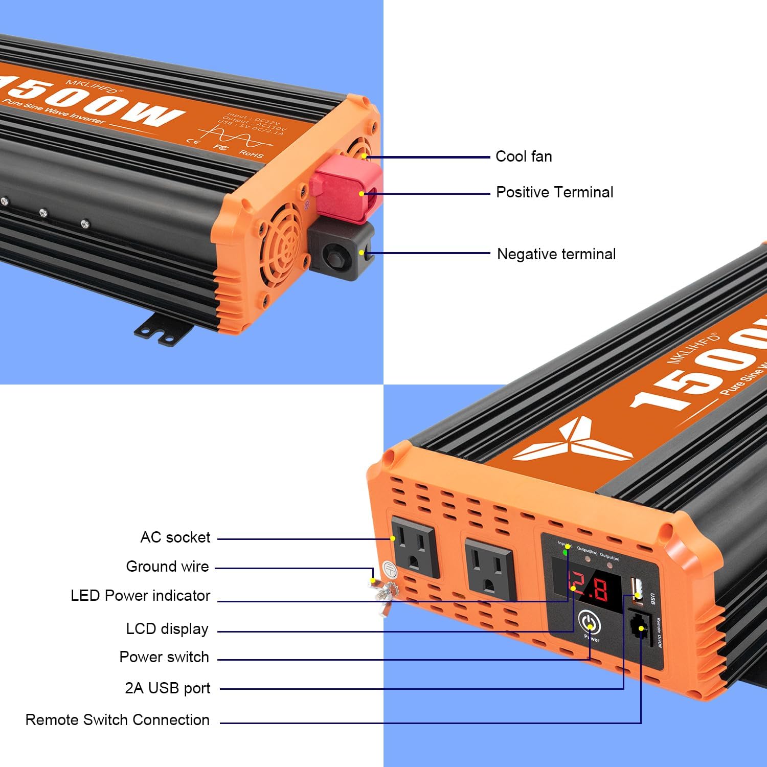 1500 Watt Pure Sine Wave Power Inverter 12V DC to 120V AC,3000W Surge Peak Power, Inverter for RV, Truck, Solar, Campers with 2 AC Outlet, 5V 2.0A USB, Remote Control Compatible with Lithium