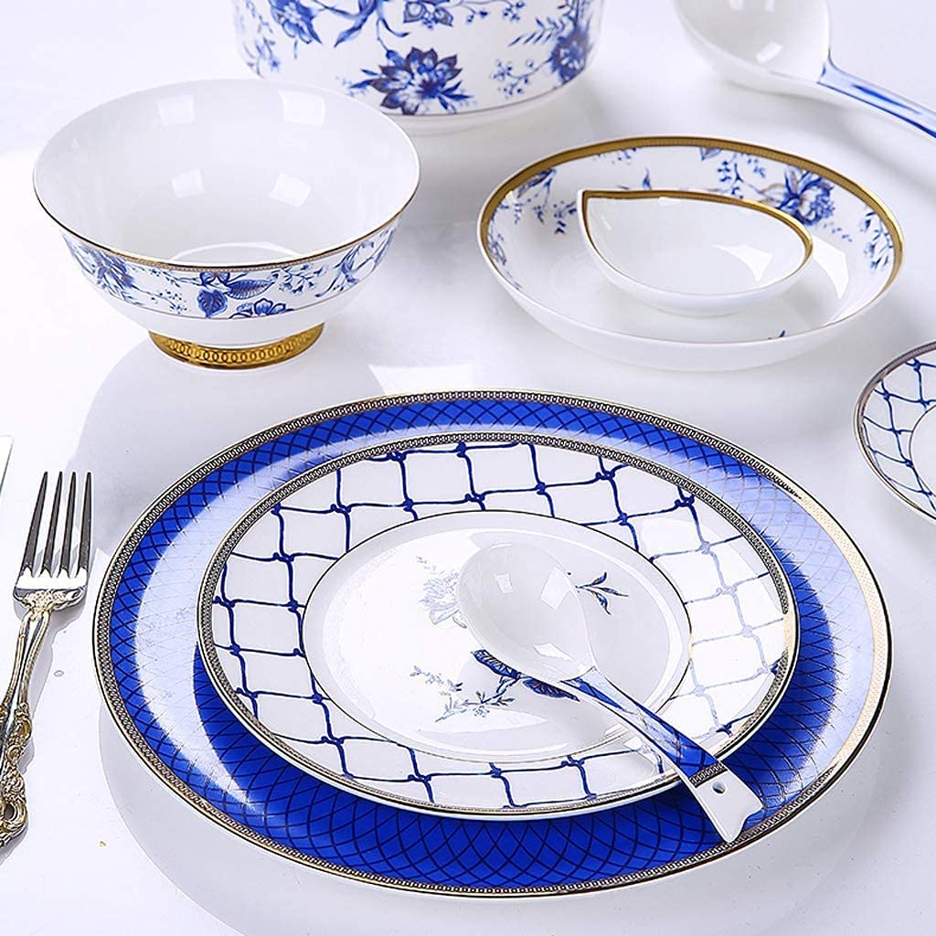Zestawy naczyń ceramicznych, miski/talerze/garnki/łyżki | Zestawy naczyń z porcelany kostnej, nowoczesne zestawy z niebiesko-białym wzorem porcelany, zestawy 60-elem,-82pieces